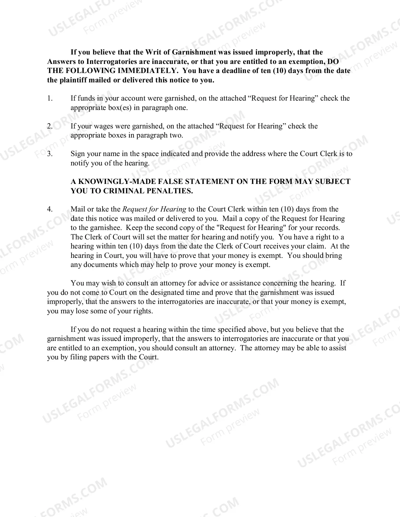 Preview Garnishment Packet - Not Personal Service