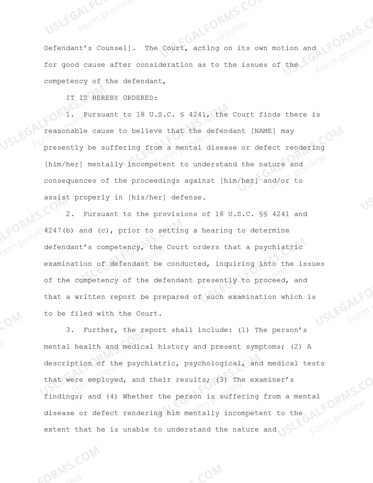 Preview Proposed Order for Psychiatric Examination and Report (Competency)