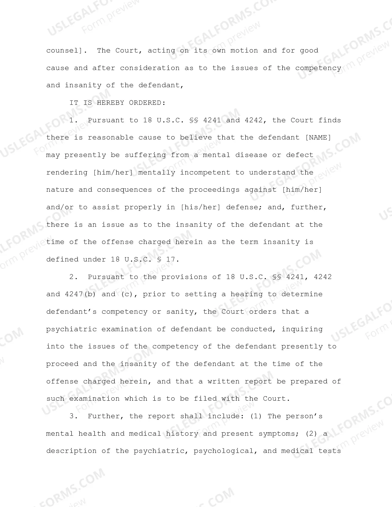Preview Proposed Order for Psychiatric Examination and Report (Competency and Insanity)