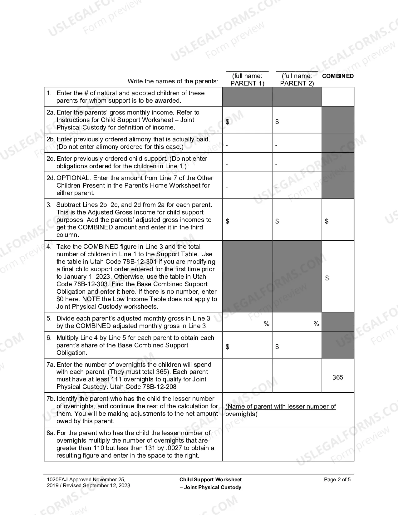 Preview Child Support Obligation Worksheet (Joint Physical Custody)