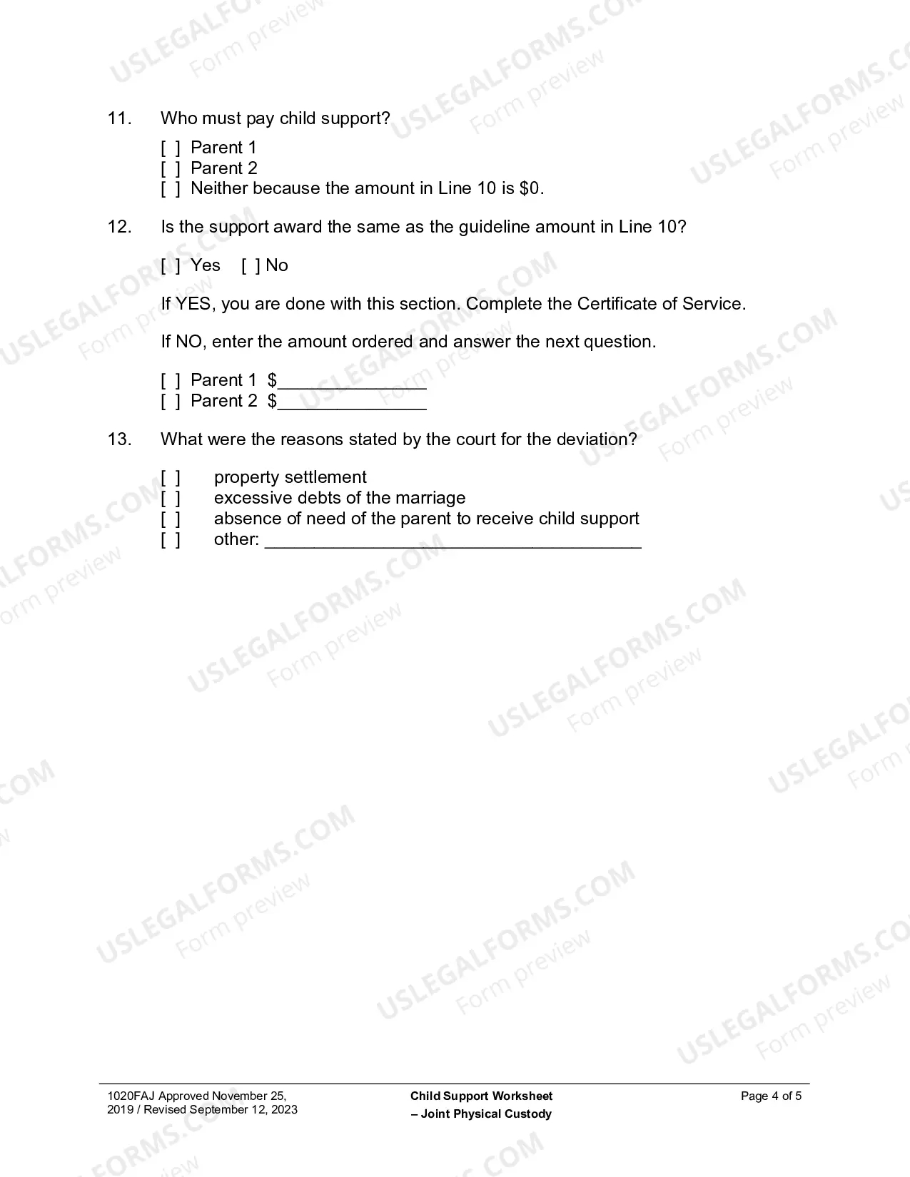Preview Child Support Obligation Worksheet (Joint Physical Custody)