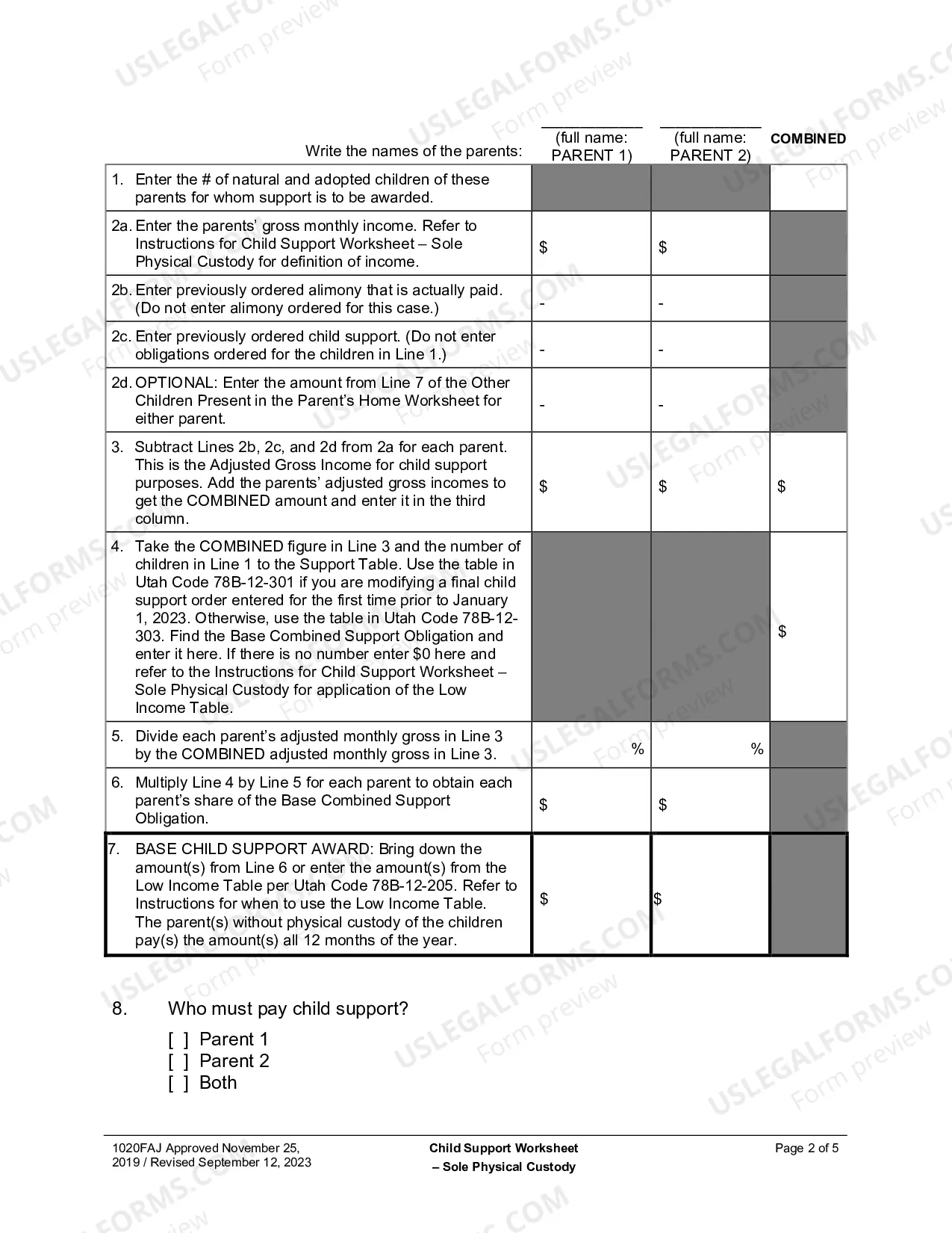 Preview Child Support Obligation Worksheet (Sole Custody And Paternity)