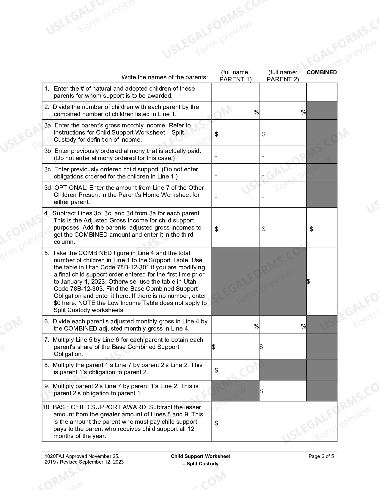 Preview Child Support Obligation Worksheet (Split Custody)