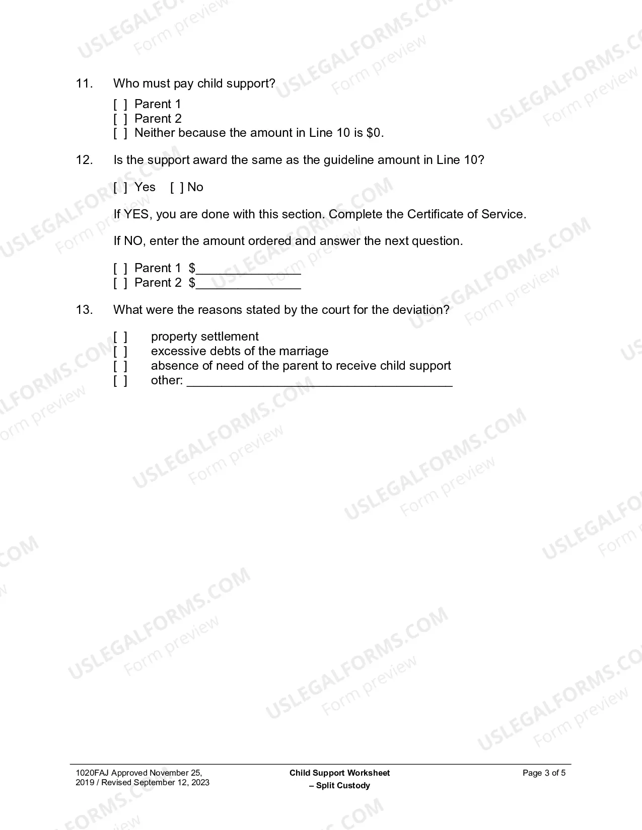 Preview Child Support Obligation Worksheet (Split Custody)