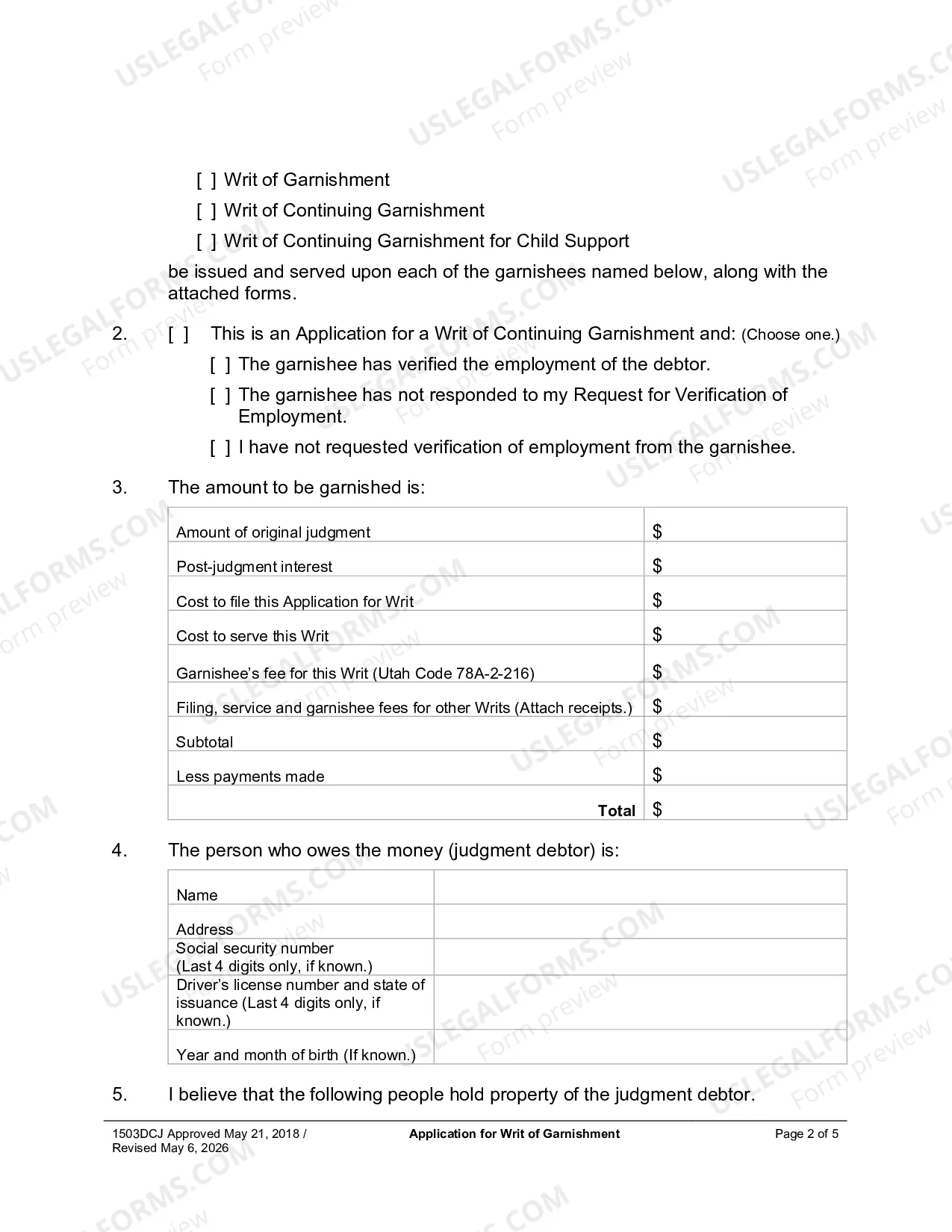 Preview Application For Writ of Garnishment