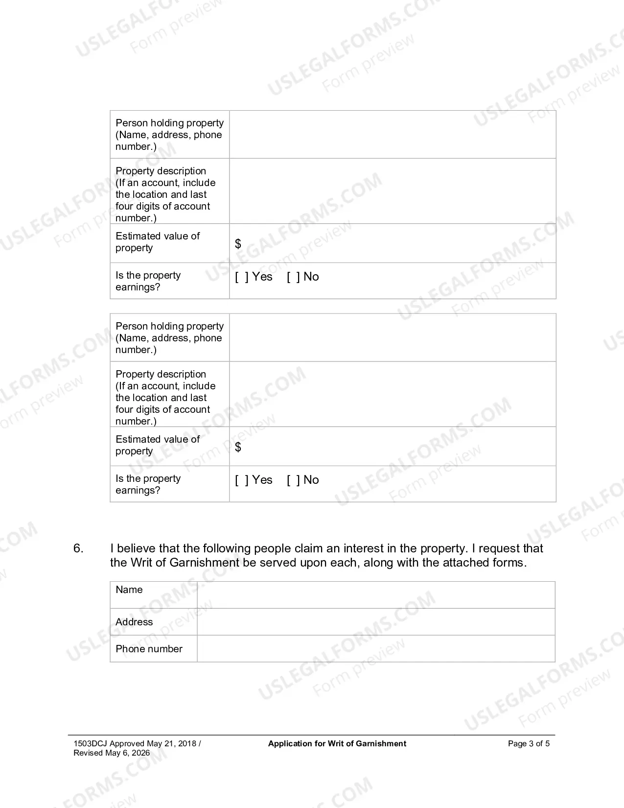 Preview Application For Writ of Garnishment