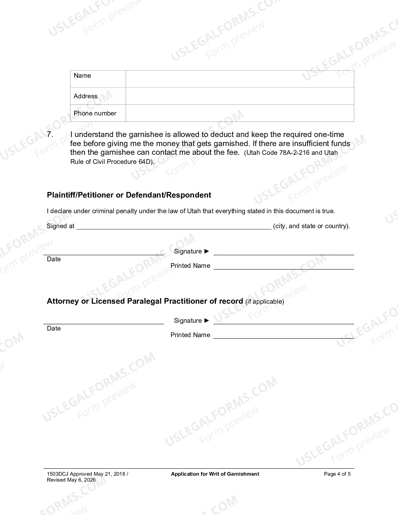 Preview Application For Writ of Garnishment