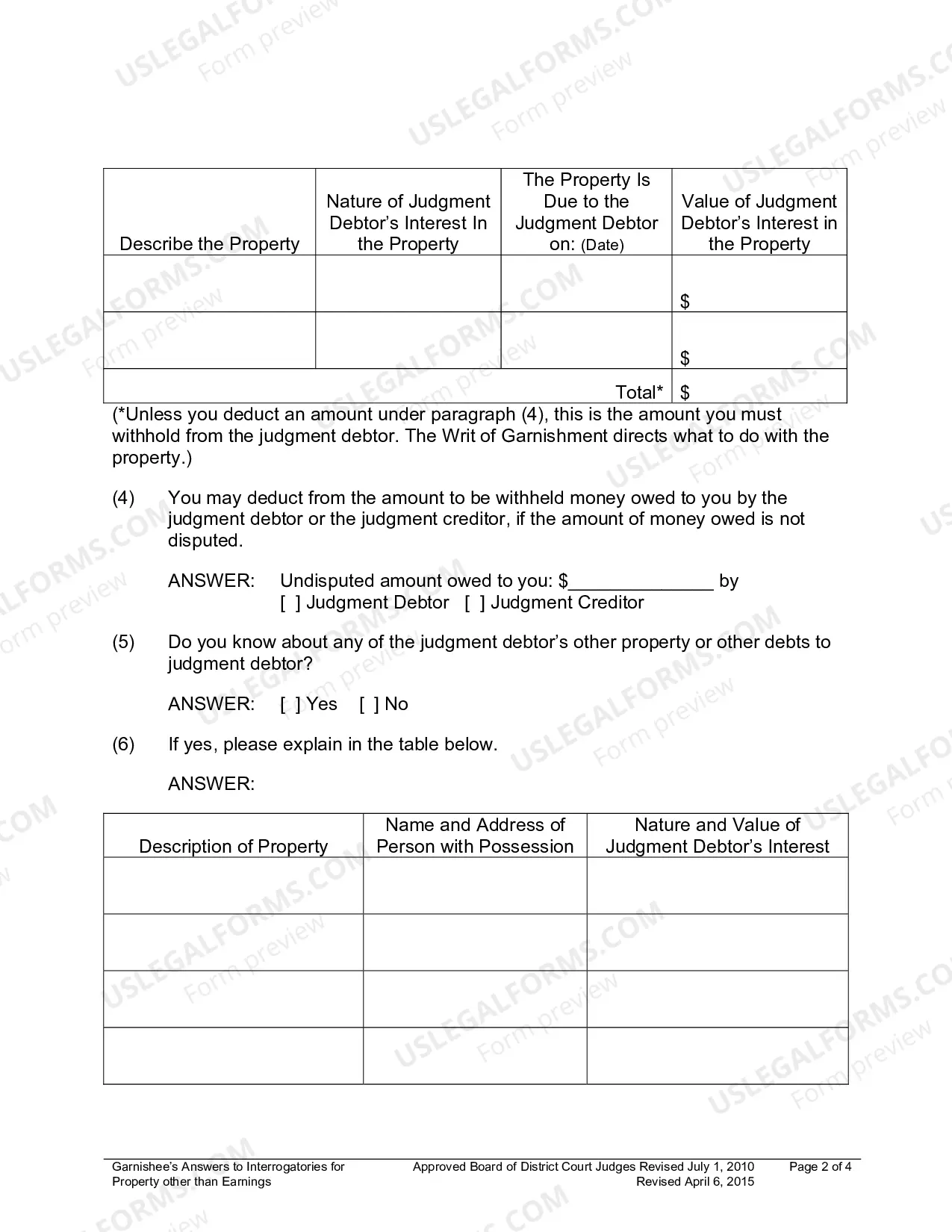 Preview Garnishees Answers To Interrogatories For Property Other Than Earnings