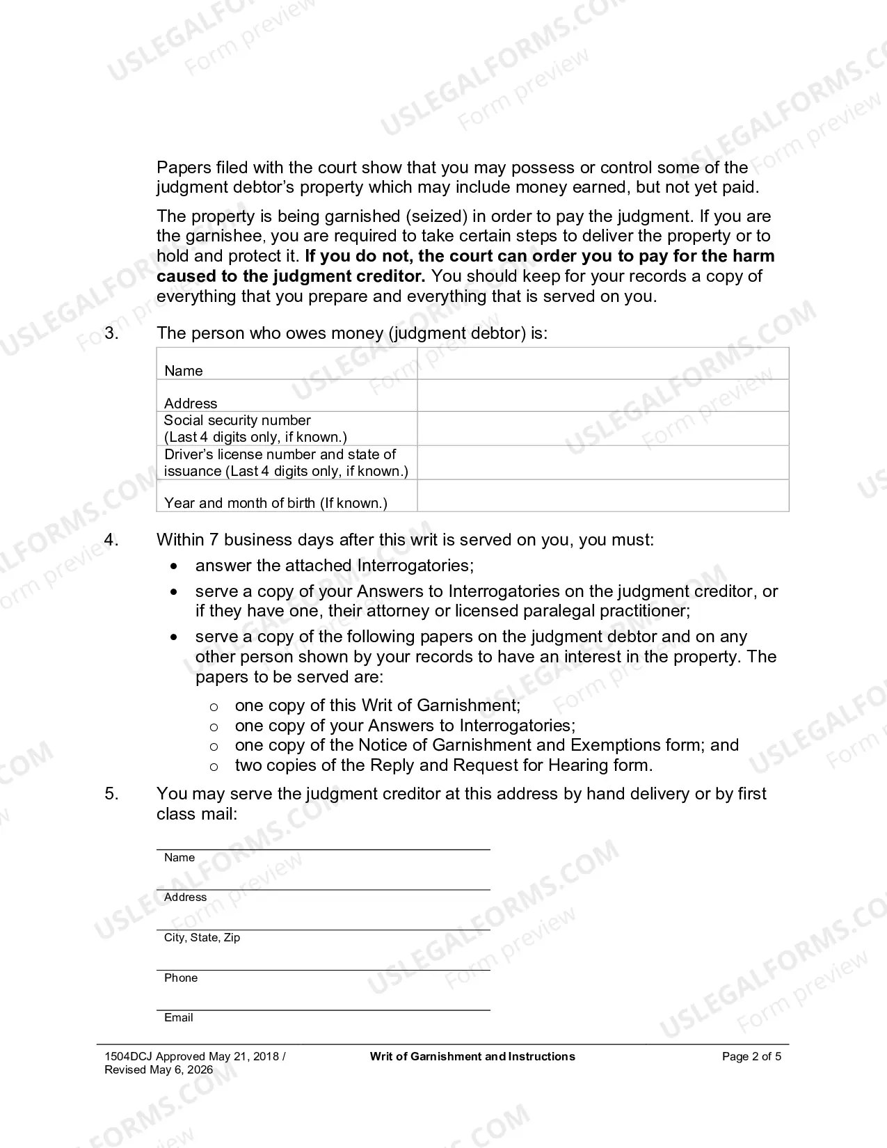 Preview Writ of Garnishment And Instructions - To Garnish Debtor's Other Personal Property