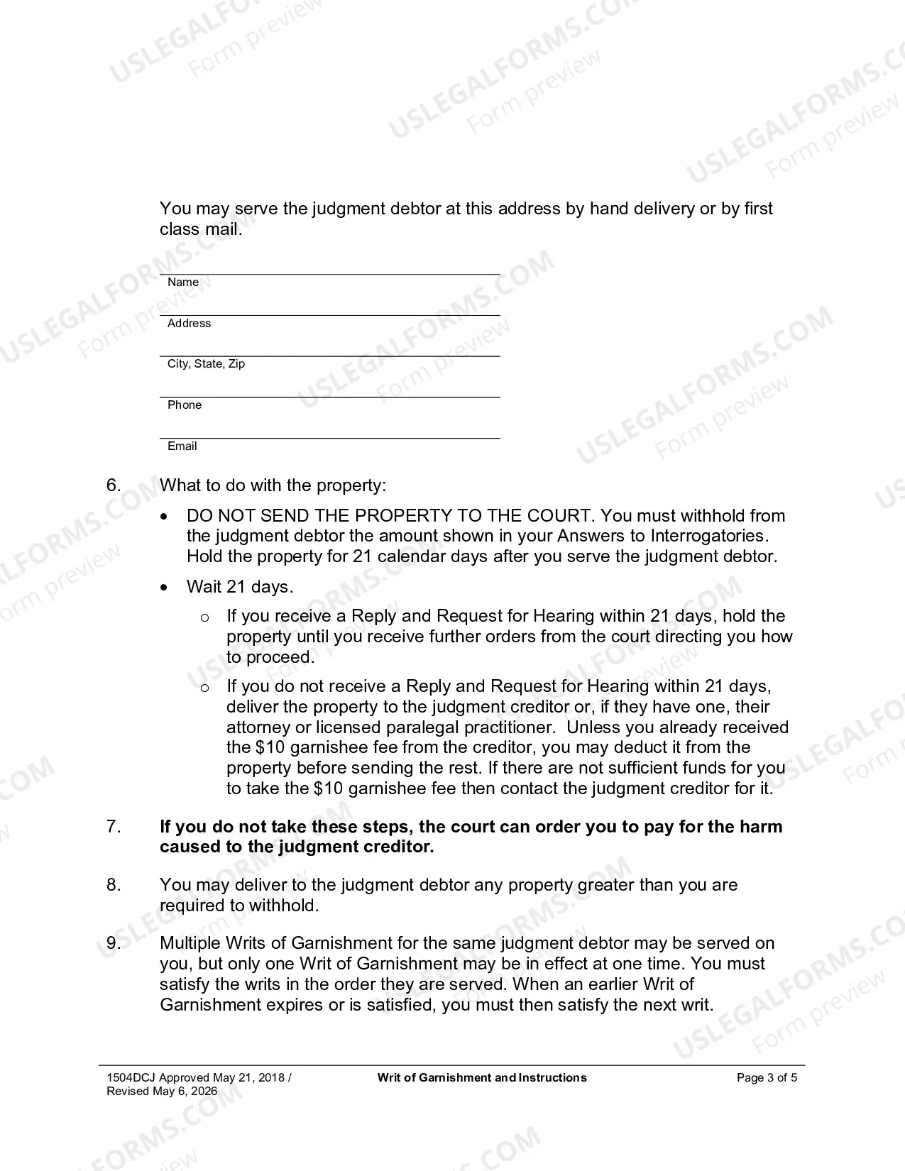 Preview Writ of Garnishment And Instructions - To Garnish Debtor's Other Personal Property
