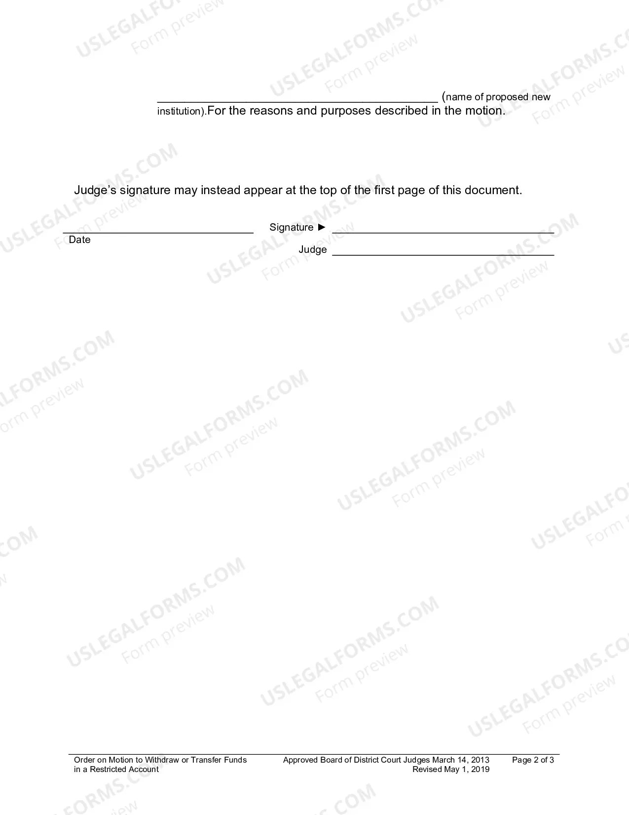 Preview Order On Motion To Withdraw Or Transfer Funds In Restricted Account