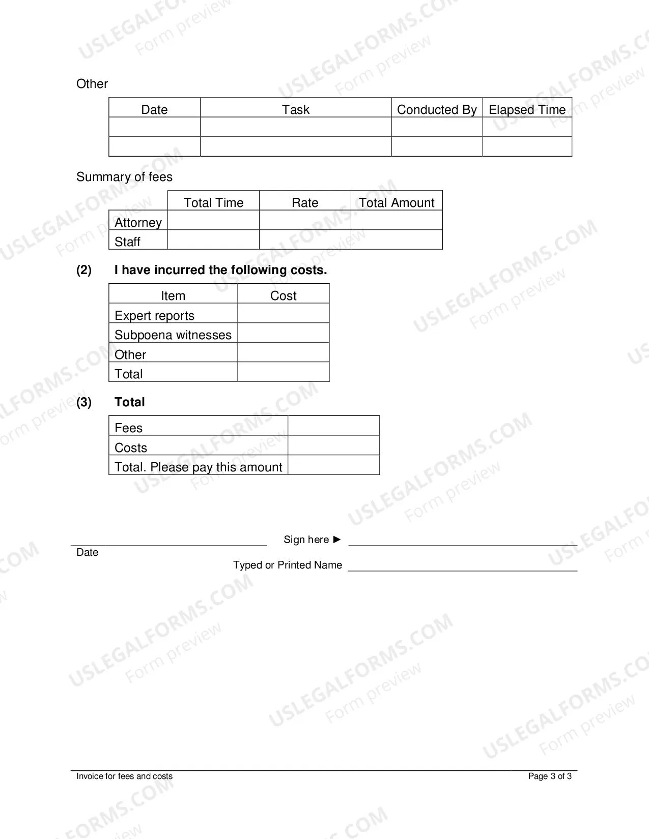 Preview Invoice for fees and costs