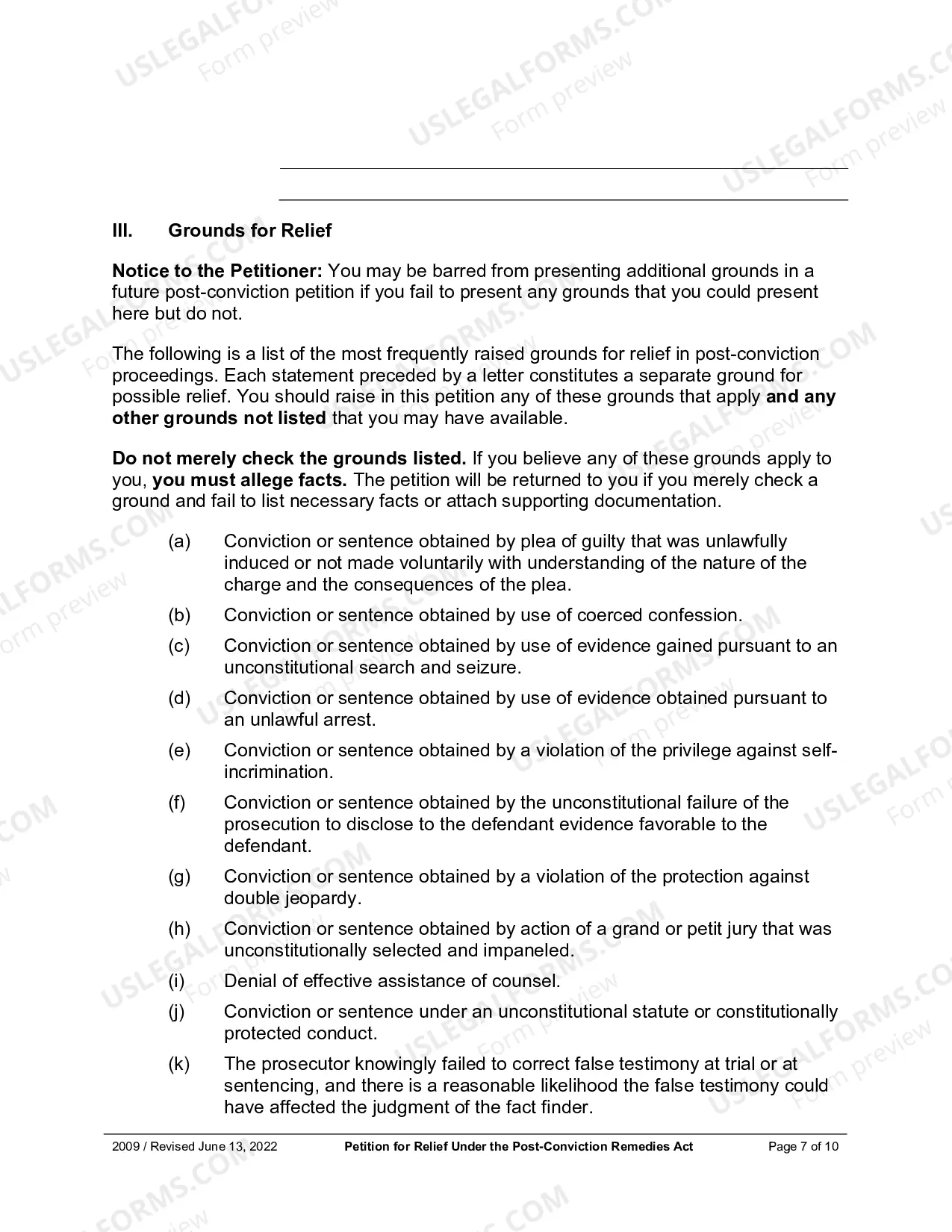 Preview Petition For Relief Under The Post Conviction Remedies Act