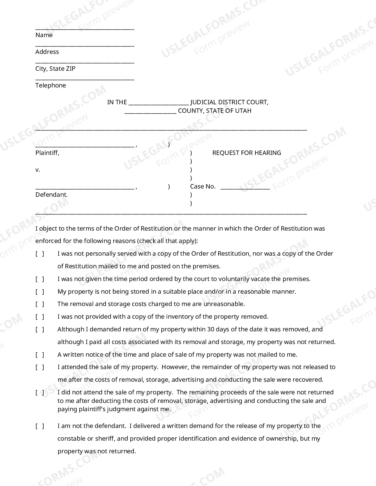 Preview Request For Hearing (Objection To Order of Restitution)