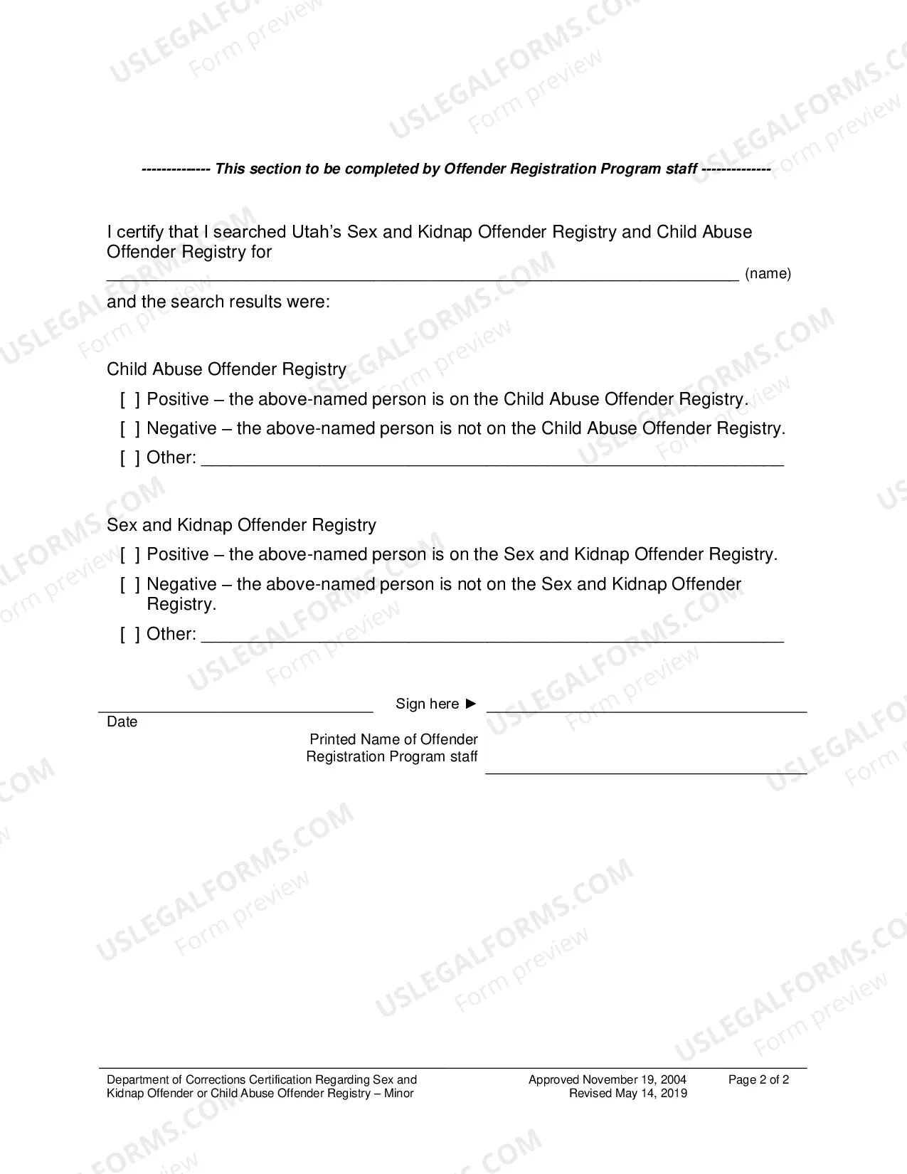 Preview Department of Corrections Certification Regarding Sex Offender Registry and Child Abuse Offender Registry (if required by the court)