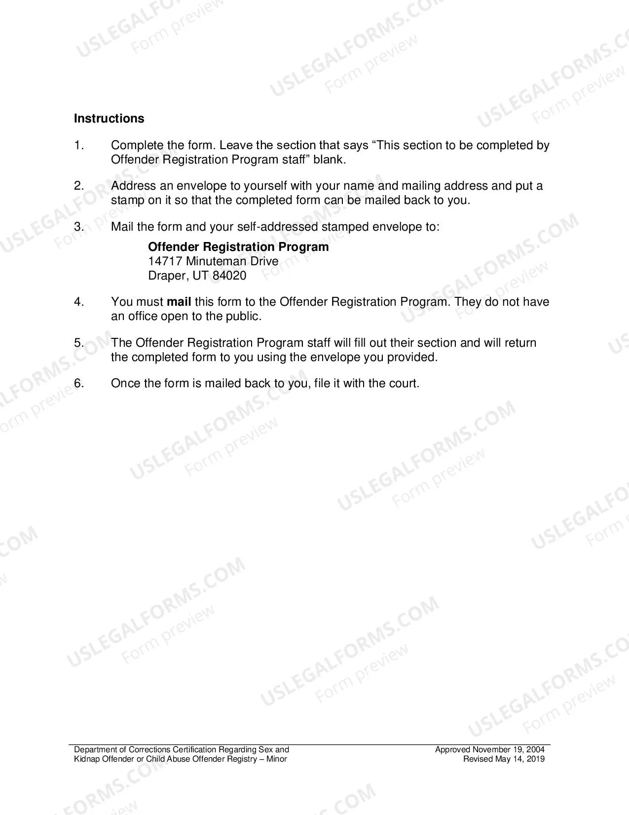Preview Department of Corrections Certification Regarding Sex Offender Registry and Child Abuse Offender Registry (if required by the court)
