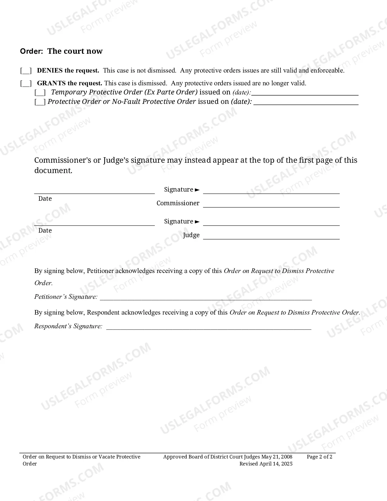 Preview Order On Request To Dismiss Or Vacate Protective Order