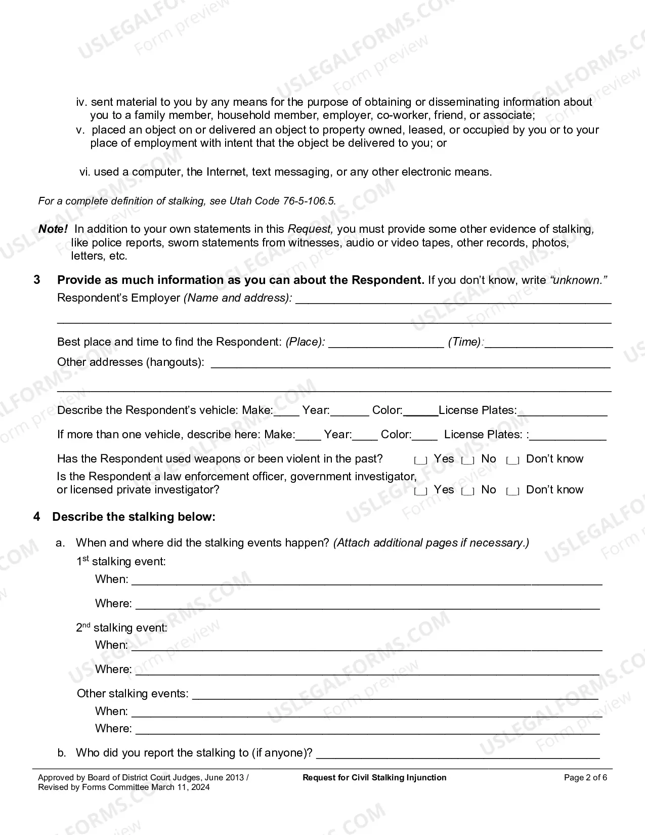 Preview Request For Civil Stalking Injunction
