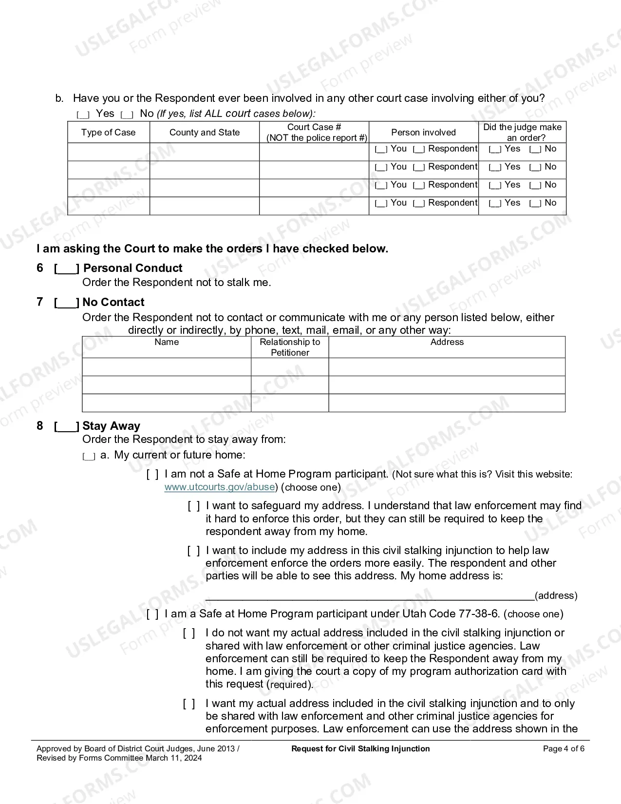 Preview Request For Civil Stalking Injunction
