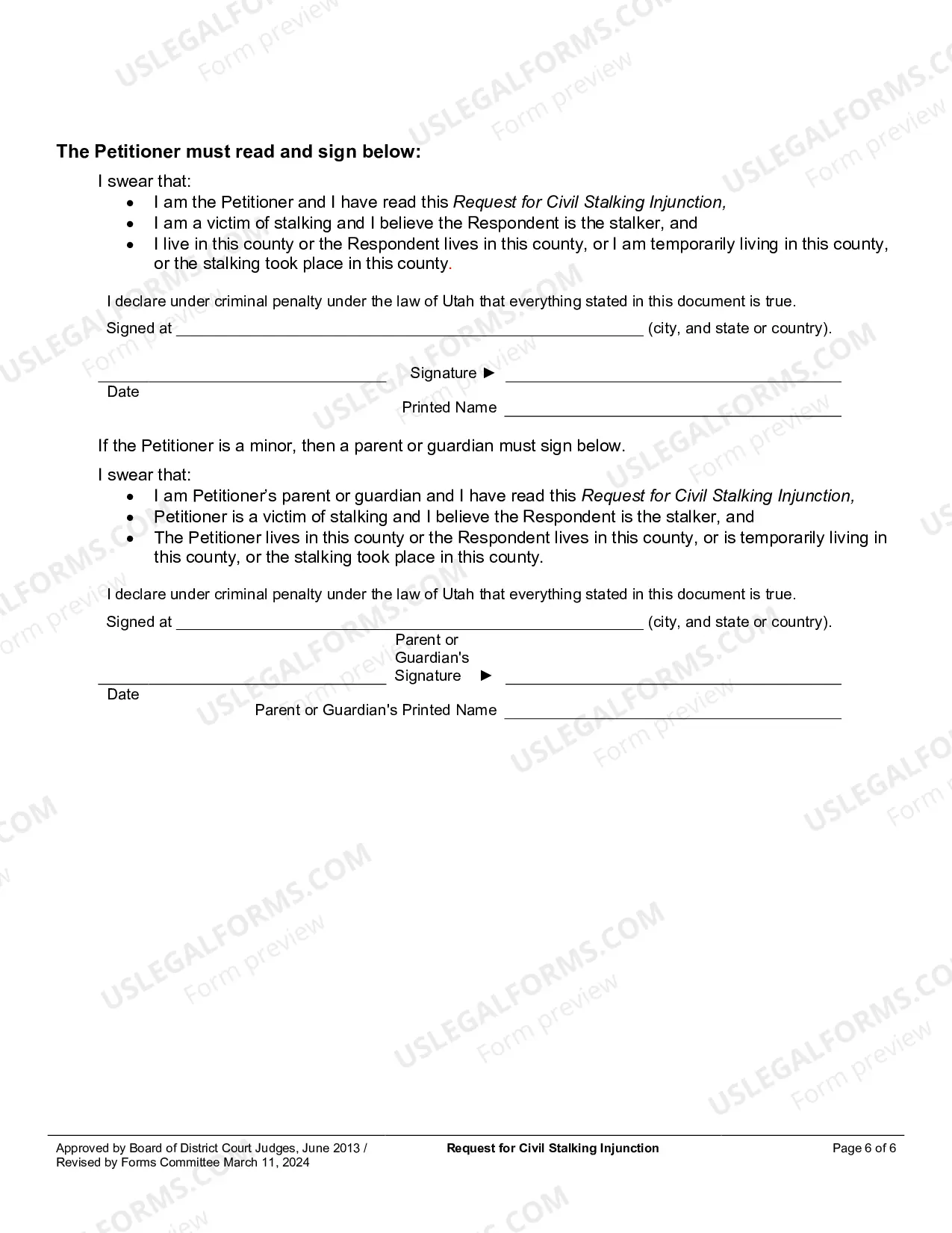 Preview Request For Civil Stalking Injunction
