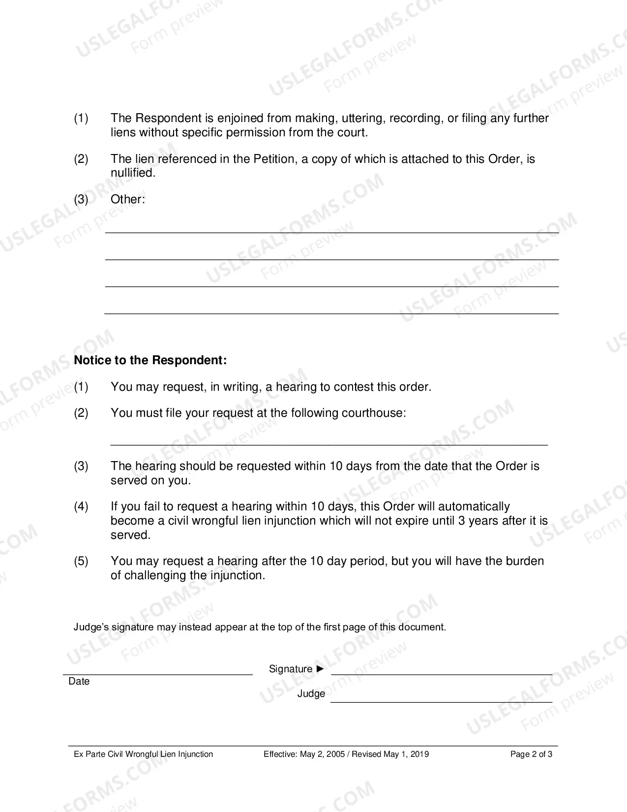 Preview Ex Parte Civil Wrongful Lien Injunction