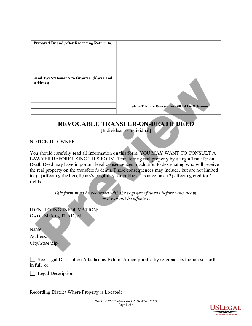 Utah Transfer On Death Deed Or Tod Beneficiary Deed For Individual To Individual Us Legal Forms 