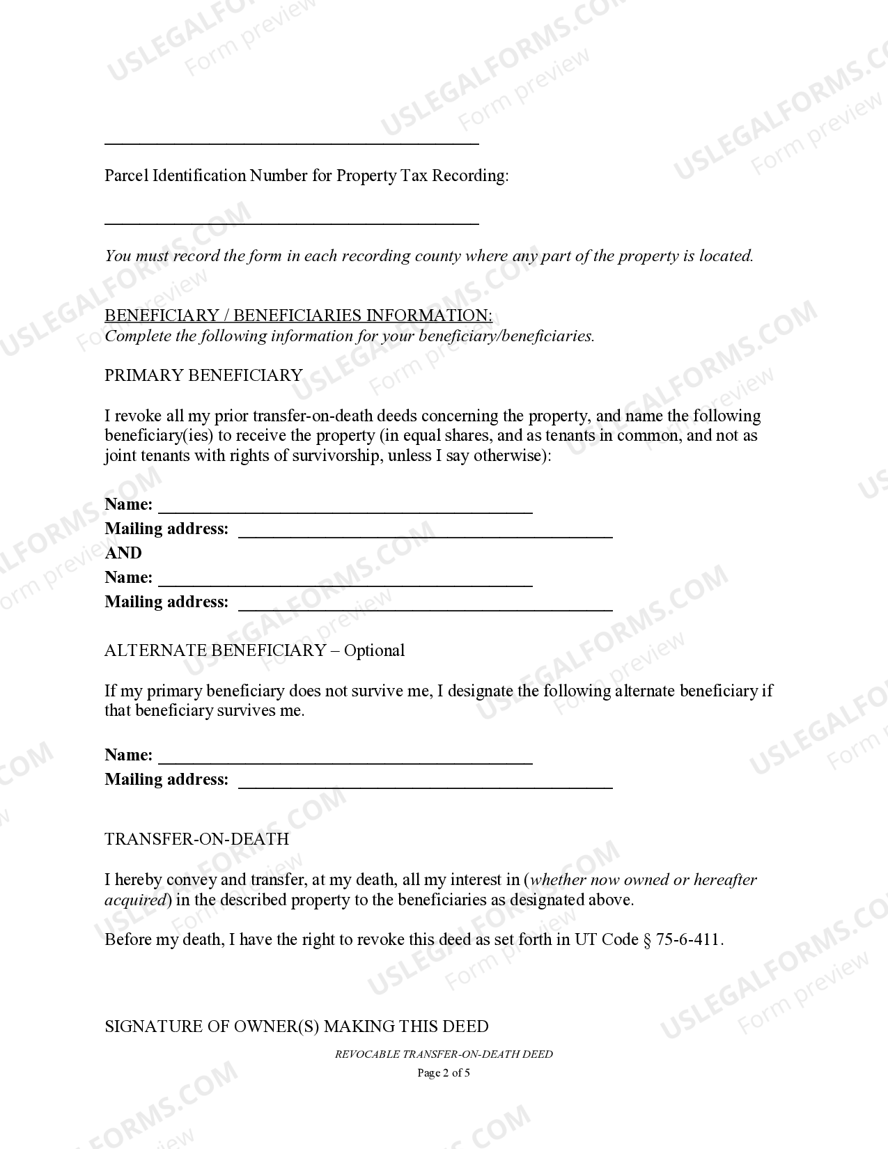 Salt Lake Utah Transfer on Death Deed or TOD Transfer Death Deed US