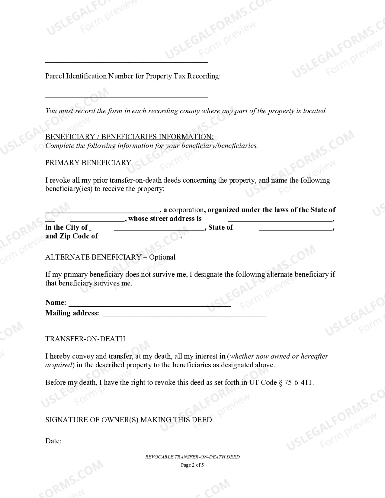 Preview Transfer on Death Deed or TOD - Beneficiary Deed for Individual to a Business Entity