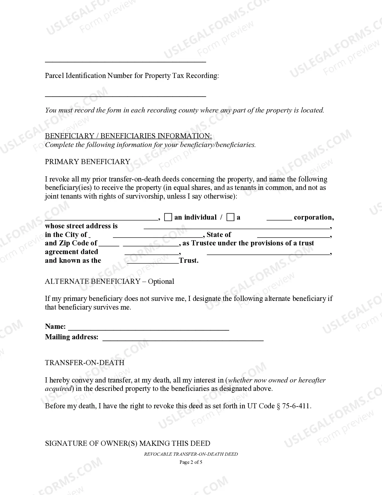 Preview Transfer on Death Deed or TOD - Beneficiary Deed for Individual to a Trust
