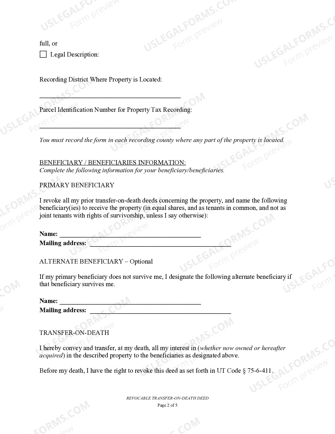 Preview Transfer on Death Deed or TOD - Beneficiary Deed for Two Individuals to One Individual