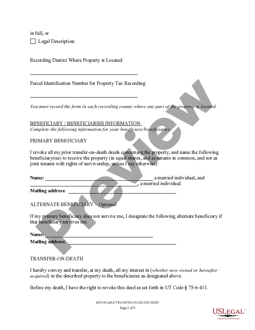 Preview Transfer on Death Deed or TOD - Beneficiary Deed for Two Individuals to Married Beneficiaries