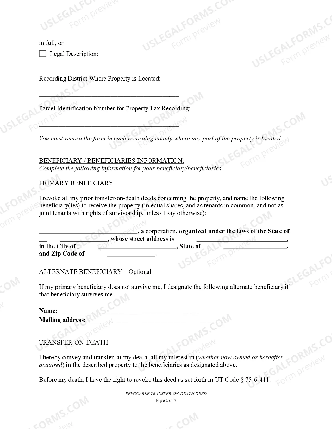 Preview Transfer on Death Deed or TOD - Beneficiary Deed for Two Individuals to Business Entity