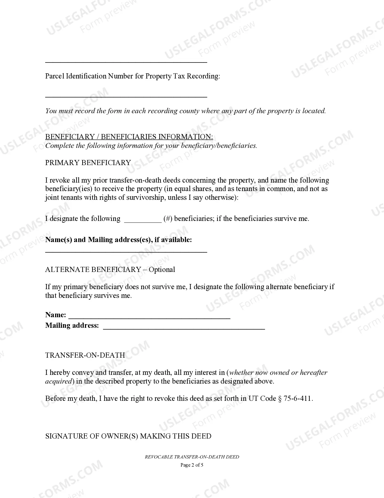 Preview Transfer on Death Deed or TOD - Beneficiary Deed for One Individual to Multiple Individuals