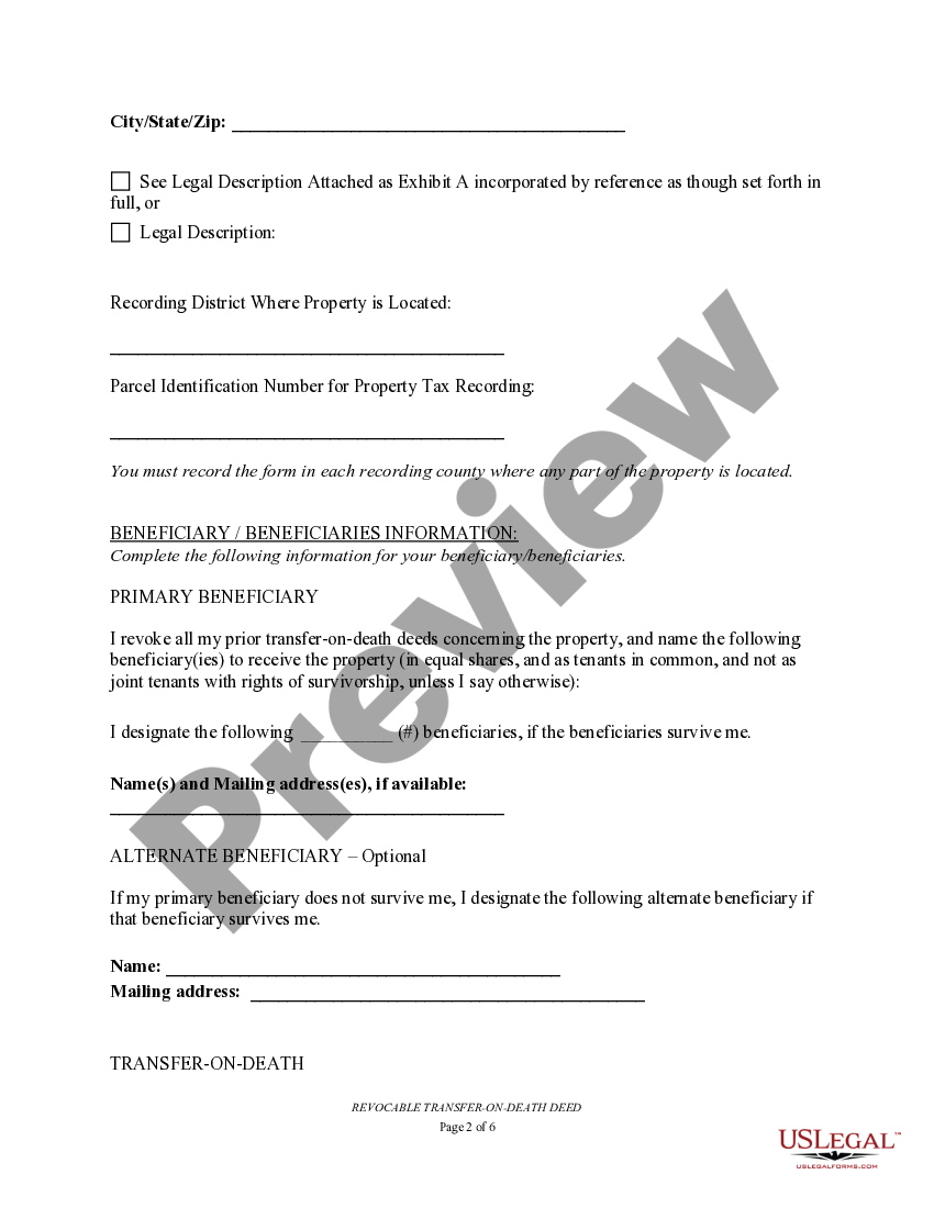 West Valley City Utah Transfer on Death Deed or TOD Beneficiary Deed