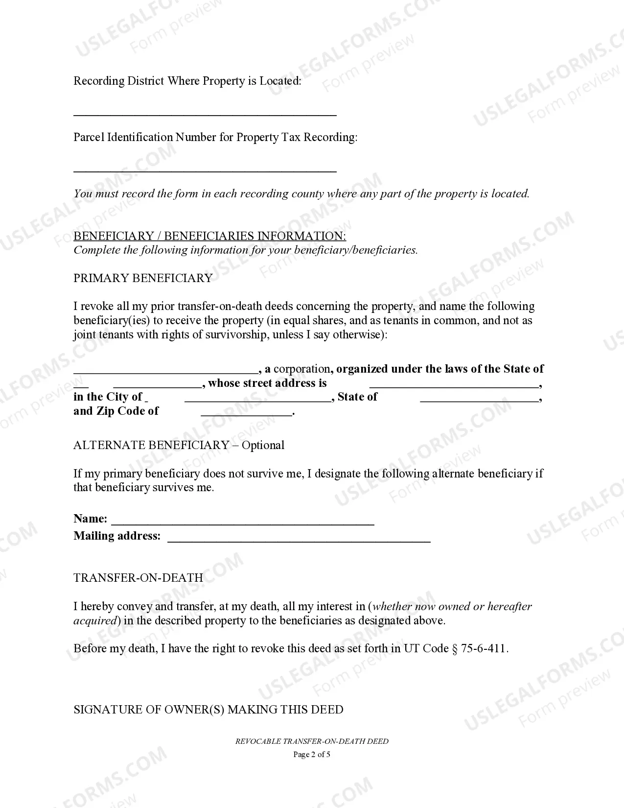 Preview Transfer on Death Deed or TOD - Beneficiary Deed for Two Married Individuals to a Business