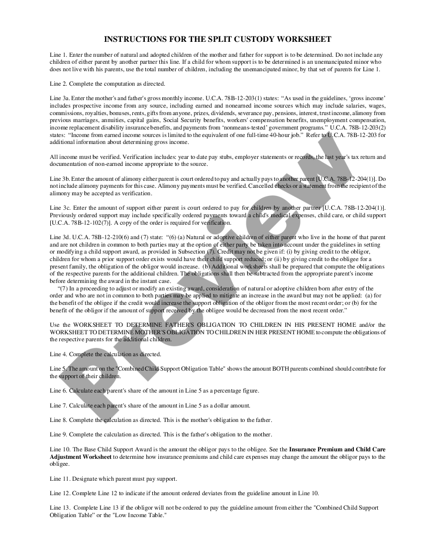 Utah Split Custody Worksheet And Instructions US Legal Forms