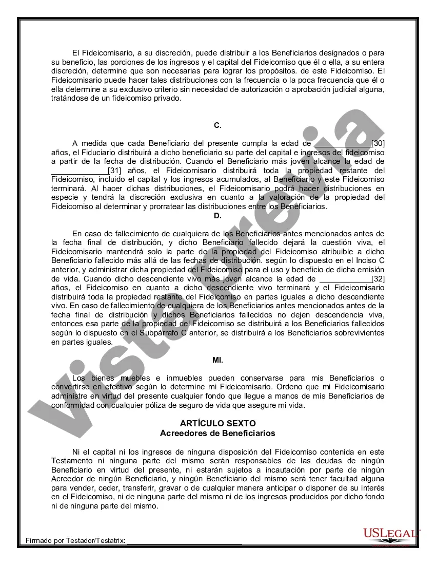 Preview Formulario Legal de Última Voluntad y Testamento para Persona Soltera con Hijos Adultos y Menores