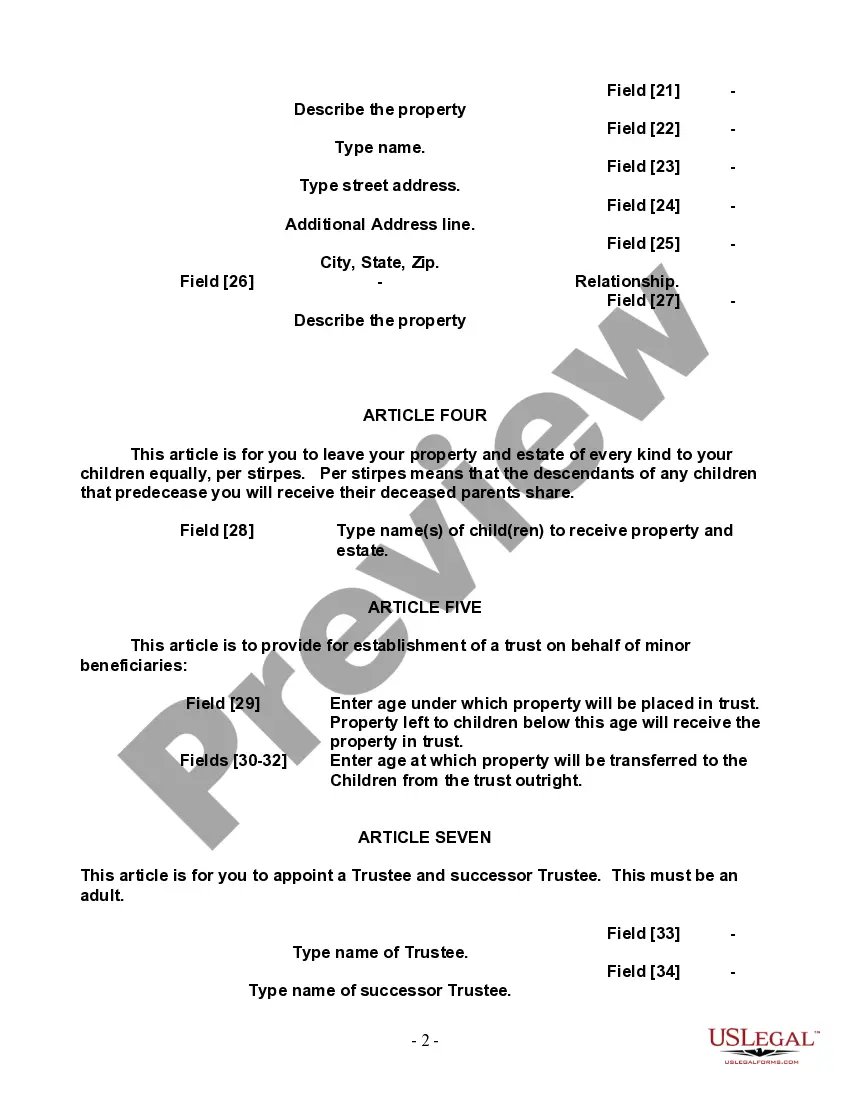 Preview Last Will and Testament for Single Person with Adult and Minor Children