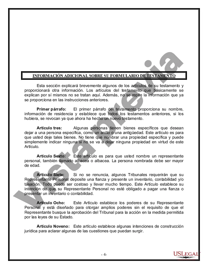 Preview Formulario Legal de Última Voluntad y Testamento para Persona Soltera con Hijos Adultos