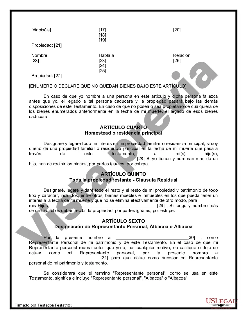 Preview Formulario Legal de Última Voluntad y Testamento para Persona Soltera con Hijos Adultos