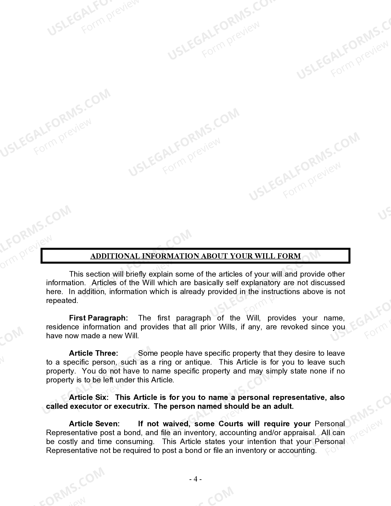 Utah Legal Last Will and Testament Form for Single Person with Adult ...