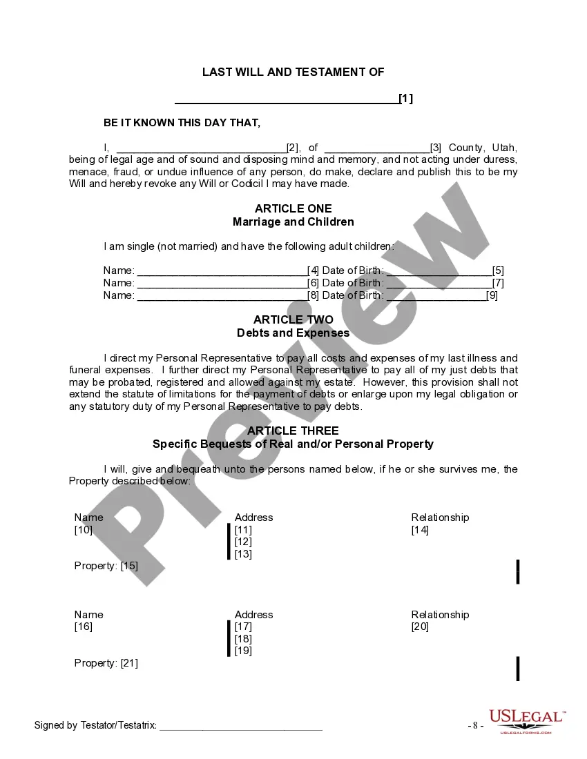 Preview Last Will and Testament for Single Person with Adult Children