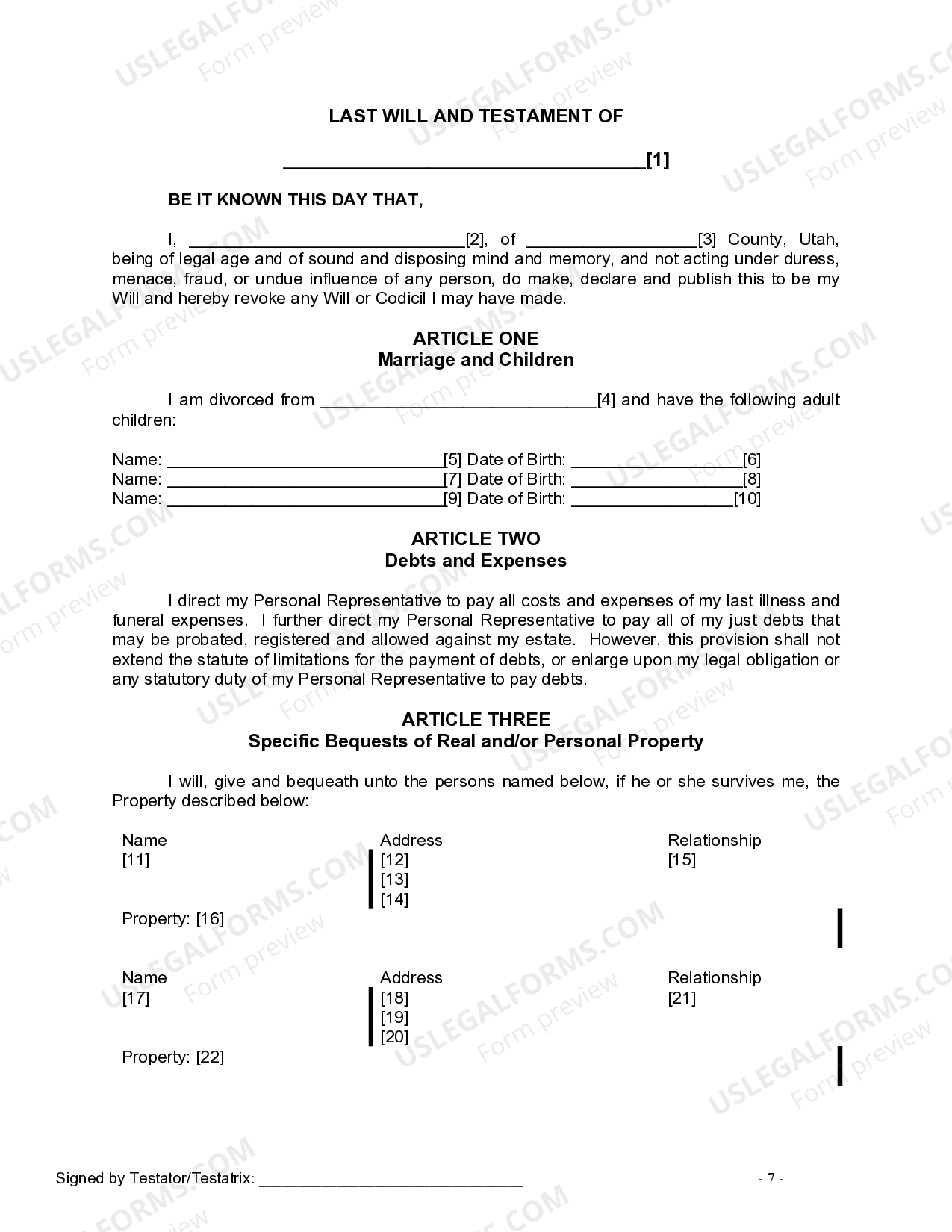 Utah Legal Last Will and Testament Form for Divorced person not ...