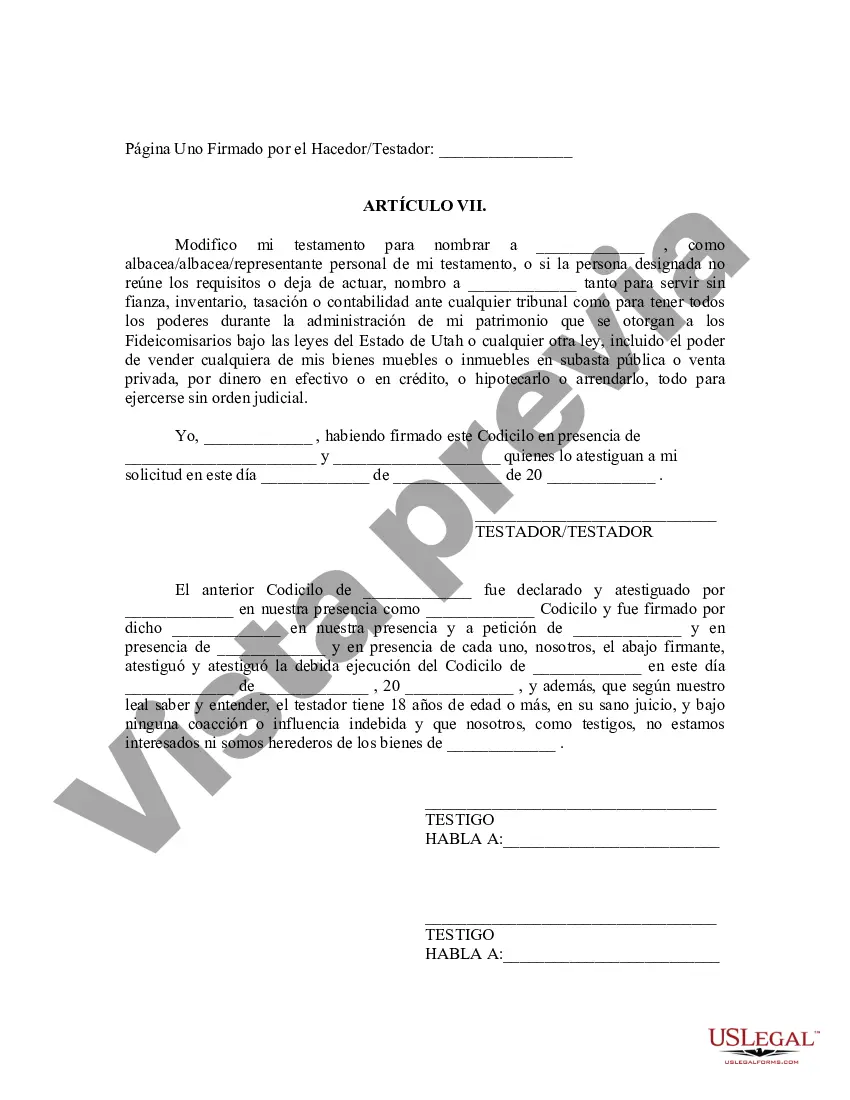 Preview Codicilo al formulario de testamento para enmendar su testamento - Cambios o enmiendas de testamento