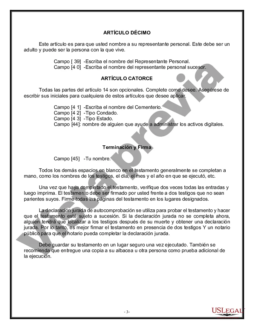 Preview Formulario Legal de Última Voluntad y Testamento para Viuda o Viudo con Hijos Menores