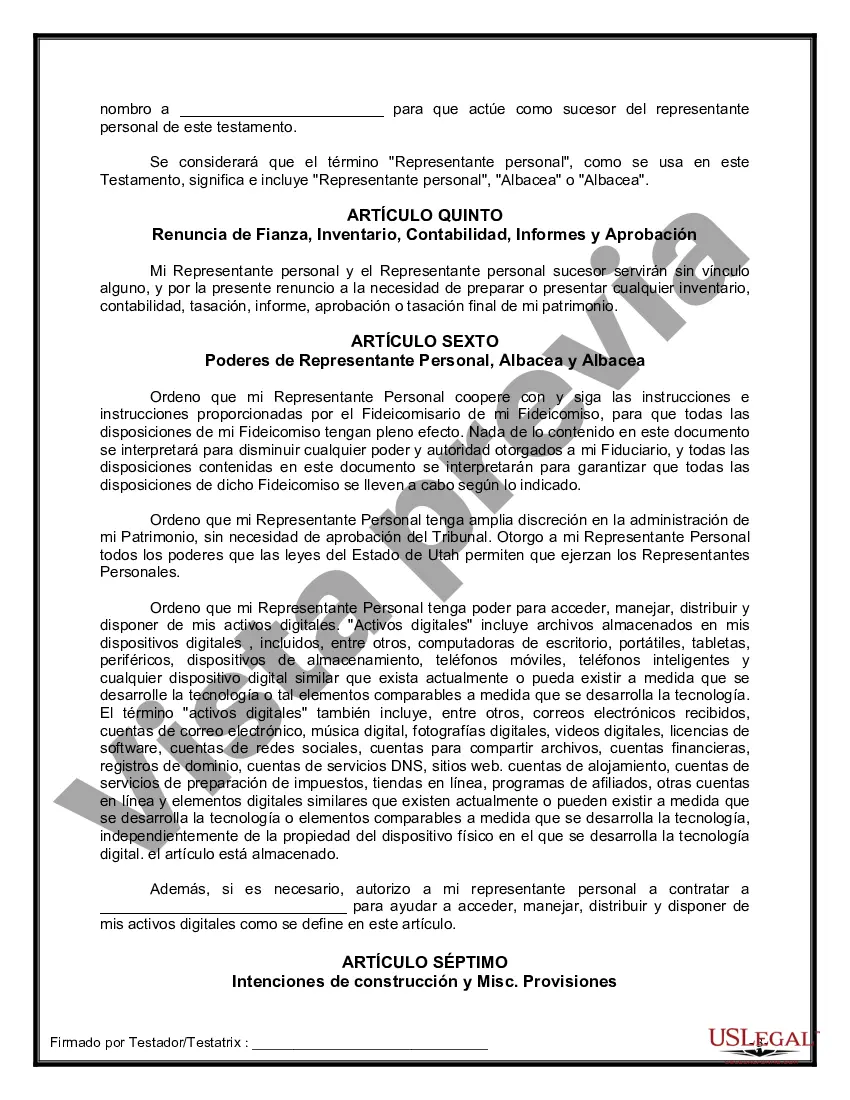 Preview Último testamento legal y formulario de testamento con todos los bienes en fideicomiso llamado testamento invertido