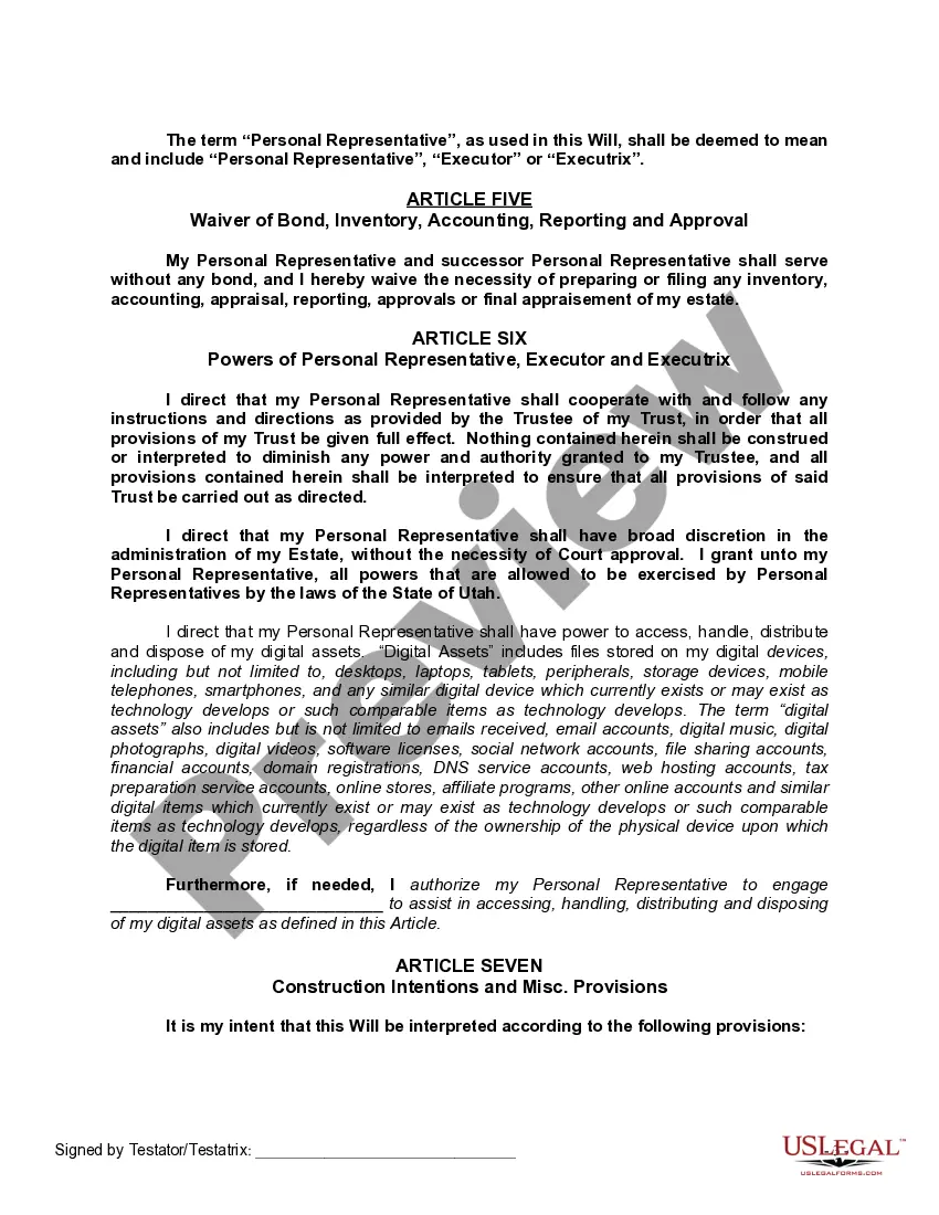 Preview Last Will and Testament with All Property to Trust called a Pour Over Will