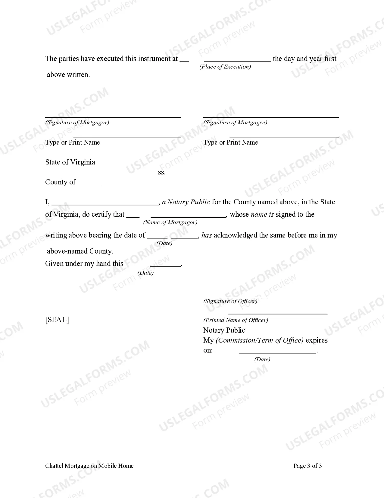 Preview Chattel Mortgage on Mobile Home