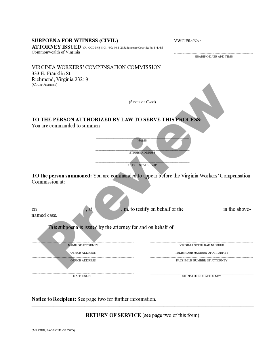Virginia Witness Subpoena For Workers Compensation Us Legal Forms 0693