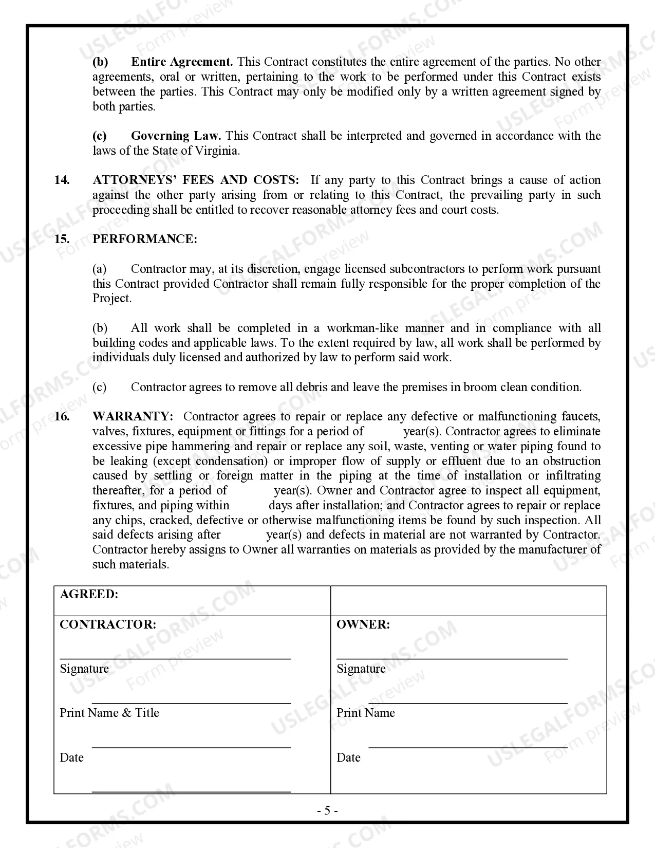 Preview Plumbing Contract for Contractor